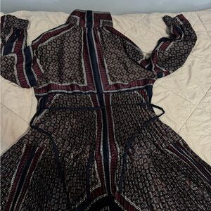 Maje Elegant Patterned Belted Long Sleeve Dress